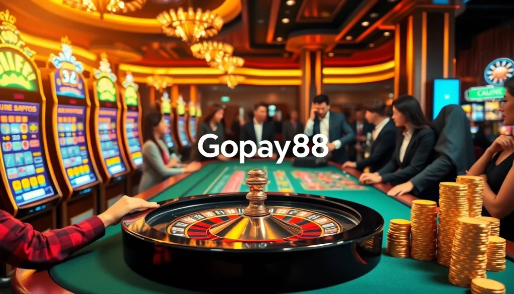 Exciting gaming scene showcasing Gopay88's vibrant casino atmosphere with players and slot machines.