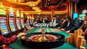 Exciting gaming scene showcasing Gopay88's vibrant casino atmosphere with players and slot machines.