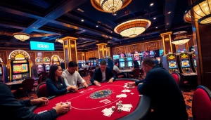 Experience high-stakes gaming at RR88 with a vibrant casino atmosphere featuring poker tables and slot machines.