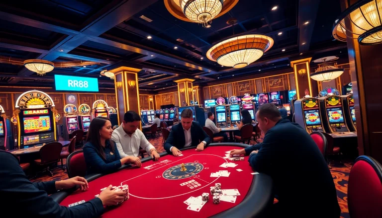 Experience high-stakes gaming at RR88 with a vibrant casino atmosphere featuring poker tables and slot machines.
