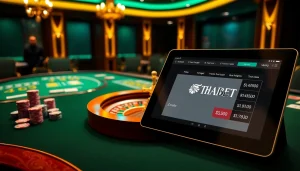 Players enjoying thrilling games at Thabet Casino with luxurious tables and vibrant atmosphere.
