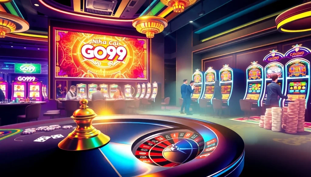 Exciting gaming experience at Nhà Cái GO99 with vibrant casino tables and roulette wheel.