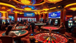 Nohu90 gamblers enjoying a vibrant casino scene with exciting games like blackjack and roulette.