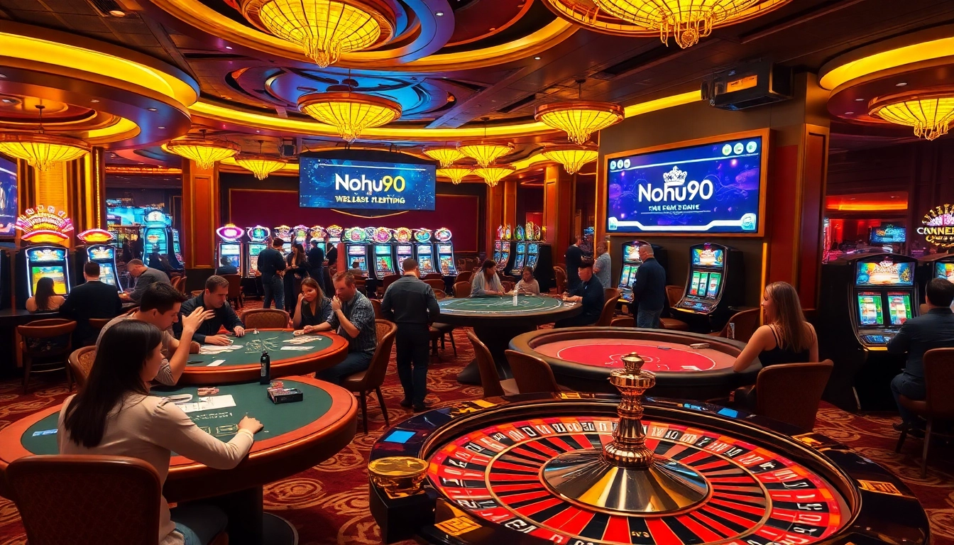 Nohu90 gamblers enjoying a vibrant casino scene with exciting games like blackjack and roulette.