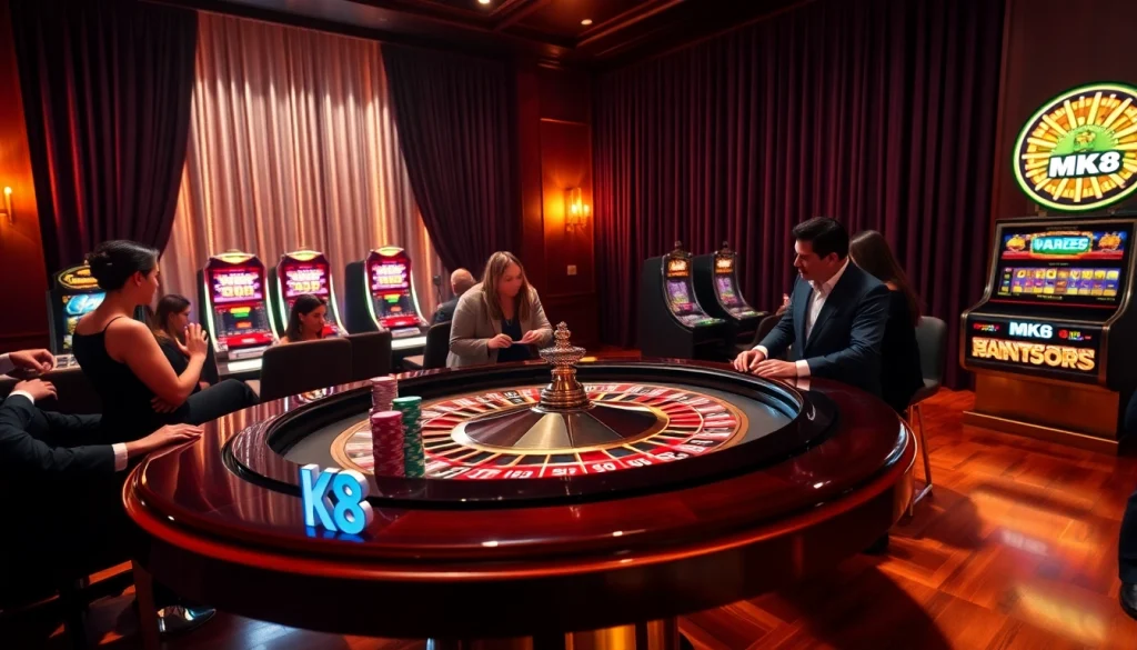 Experience the thrill of MK8 betting at a luxurious casino scene with roulette and poker.