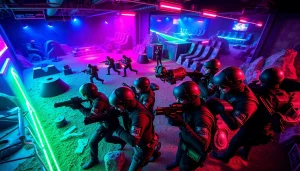 Teams enjoying a thrilling laser tag game in a vibrant arena filled with neon lights.