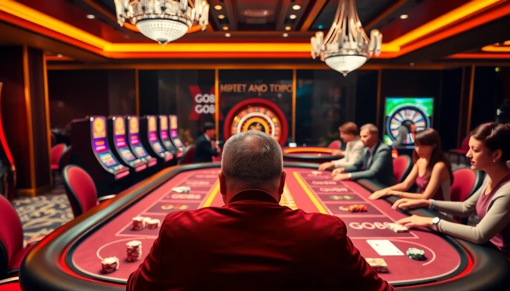 Exciting GO88 poker scene featuring engaged players and vibrant casino elements.