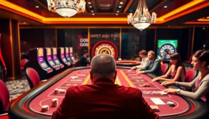 Exciting GO88 poker scene featuring engaged players and vibrant casino elements.