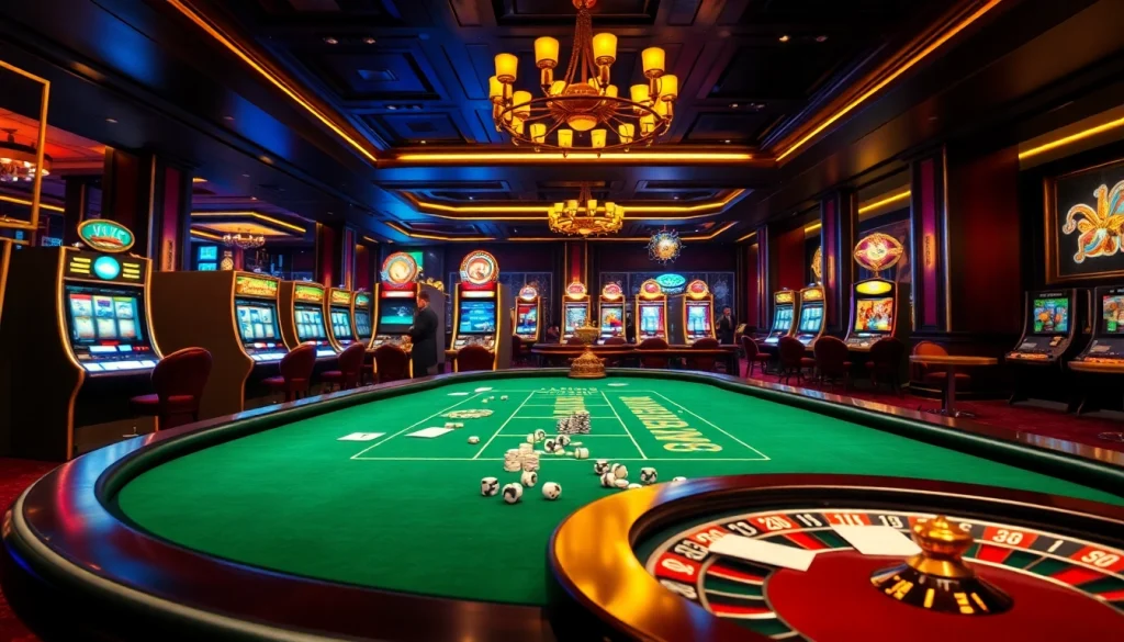 Experience game bài vua99 excitement with players at a vibrant casino table surrounded by luxury.