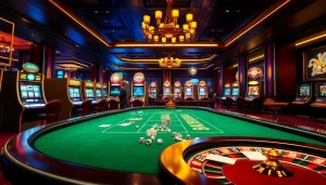 Experience game bài vua99 excitement with players at a vibrant casino table surrounded by luxury.