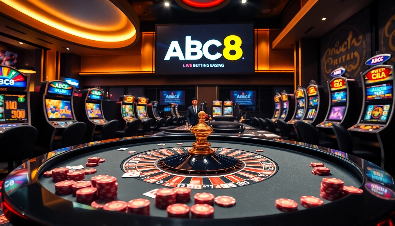 Experience thrilling gambling action at ABC8 with a vibrant casino scene featuring roulette and poker.
