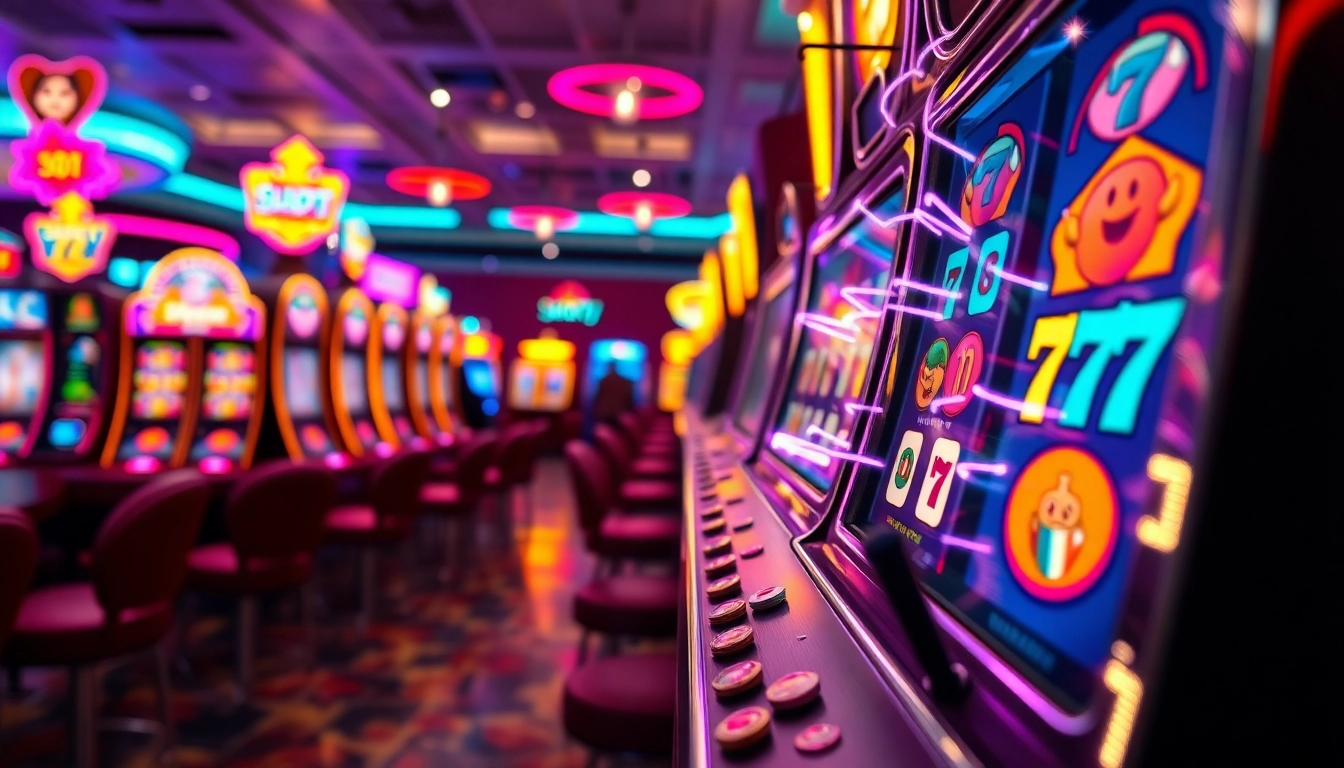 Mainkan Slot77 di mesin slot klasik dengan pencahayaan cerah dan simbol berwarna-warni.