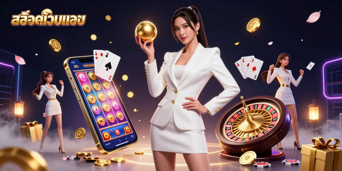 Spin and win with สล็อตเว็บตรง, showcasing a confident woman holding a roulette ball amid casino elements.