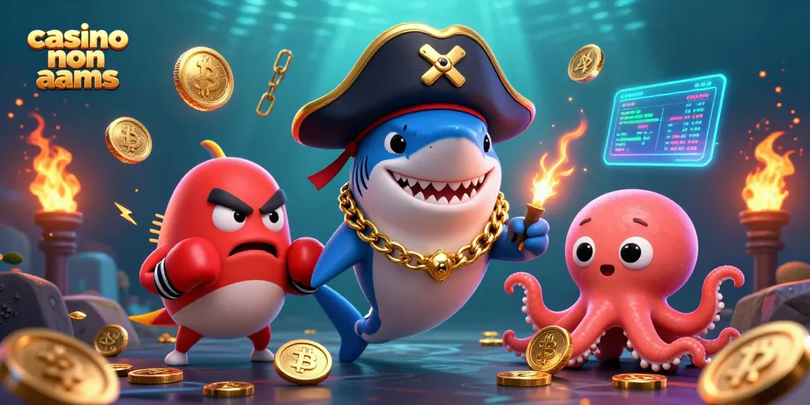 Illustrazione coinvolgente di un cool pirata squalo con pesce palla e polpo, che rappresenta il casino non aams.