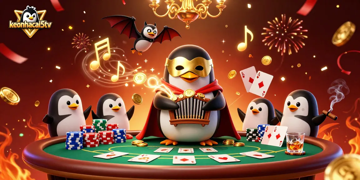 Experience thrilling wins with keonhacai5tv and the dynamic casino scene of a penguin playing the organ.