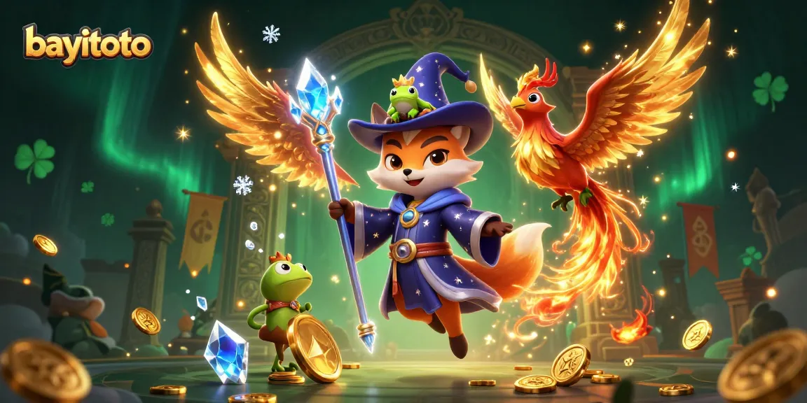 Experience thrilling gaming action at bayitoto with a wizard fox and phoenix amidst vibrant casino elements.