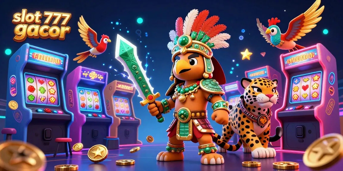 Spin and win with slot 777 gacor, featuring vibrant 3D elements and dynamic characters in a casino arcade.