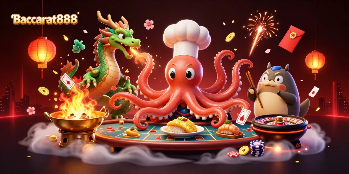 Baccarat888 engaging scene with octopus chef, dragon, and tanuki at a dynamic casino table.