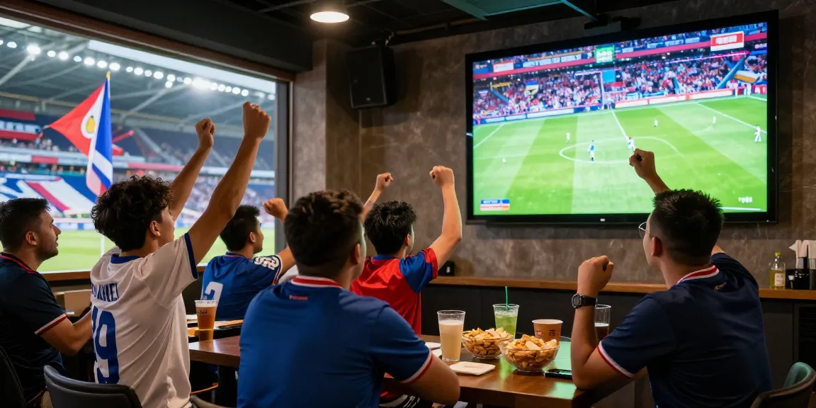Live koora fans watching an intense football match in a vibrant sports bar filled with excitement.