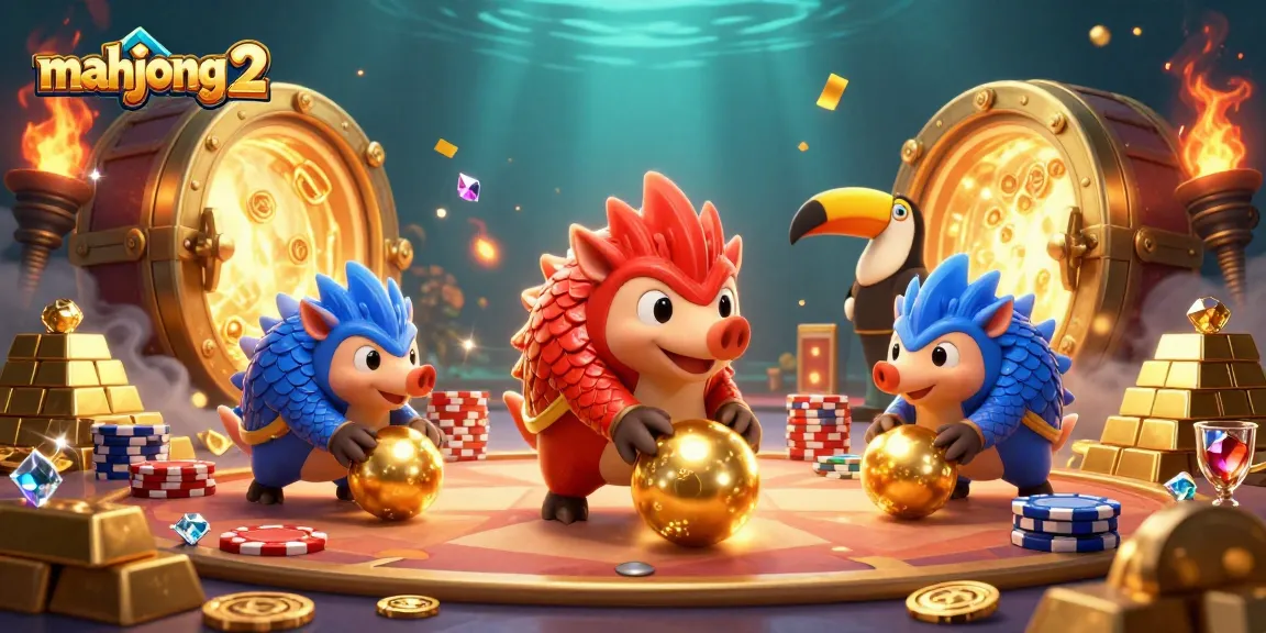 Engage in Mahjong 2 as red and blue pangolins bowl through poker chips in a vibrant casino