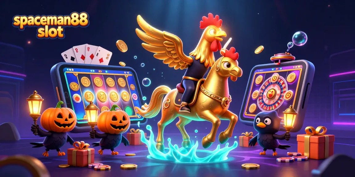 Experience the thrill with spaceman88 slot's dynamic 3D illustration featuring golden rooster and enchanted casino elements.