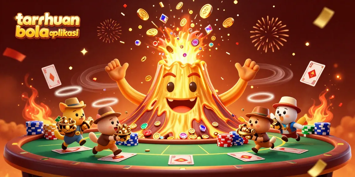 Engage with taruhan bola aplikasi through an exciting 3D illustration of a golden volcano erupting with treasures and sports betting elements.